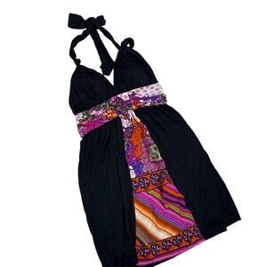 SINGLE DRESS NWT Black Halter Dress with 100% Silk Multicolor Accent Size Medium